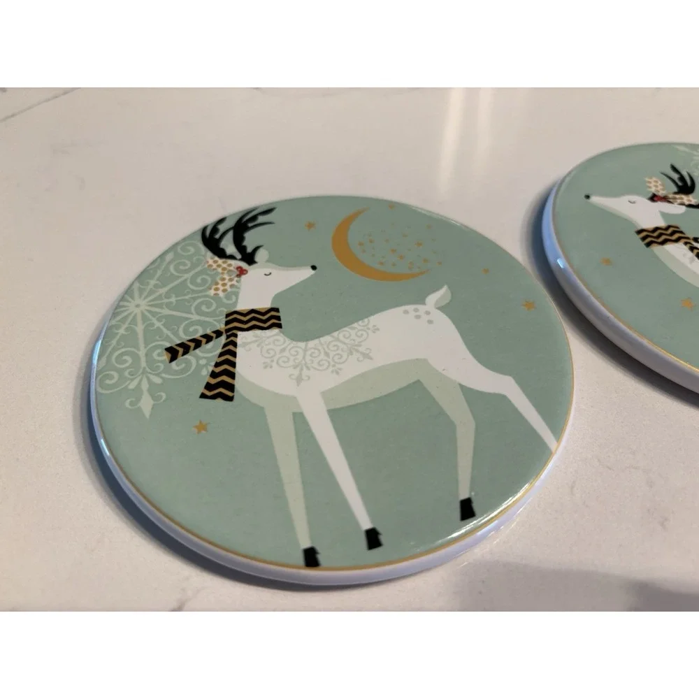 Pier 1 Winter Deer Farmhouse Stoneware Coaster‎ Set Of 2